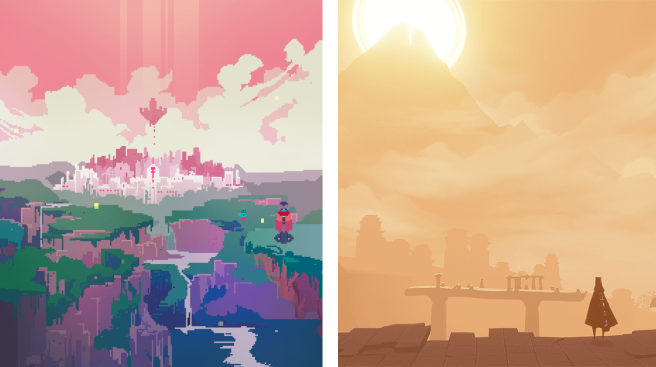 Screenshots from Hyper Light Drifter and Journey video games.