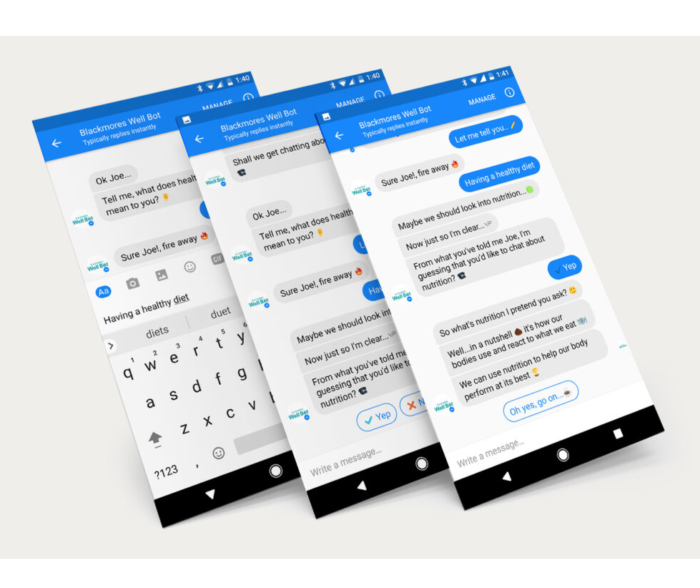 Series of phone screens show conversations with artificial intelligence chatbot from digital marketing agency.