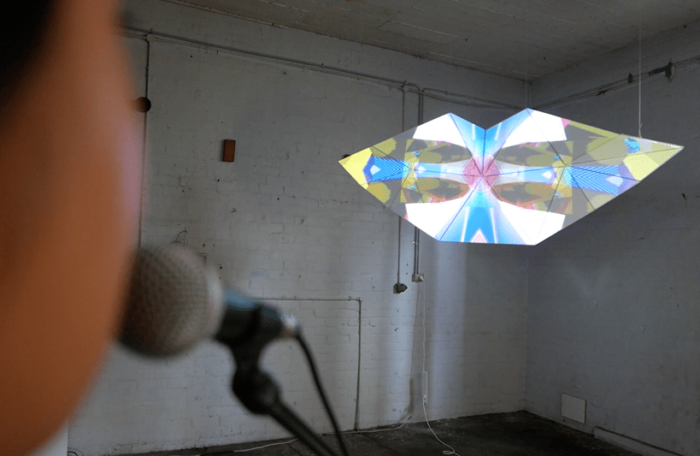 Voice-activated digital mandalas projected onto large foam core sculpture as part of Laszlo Kiss’ artwork Lips at Fables From The Threshold.