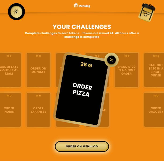 Screenshot shows ‘order pizza’ gamification challenge card in the Menulog Baller Banquet website design.