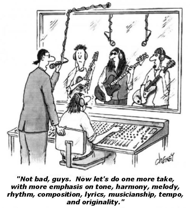 Black and white cartoon shows rock band in recording studio.