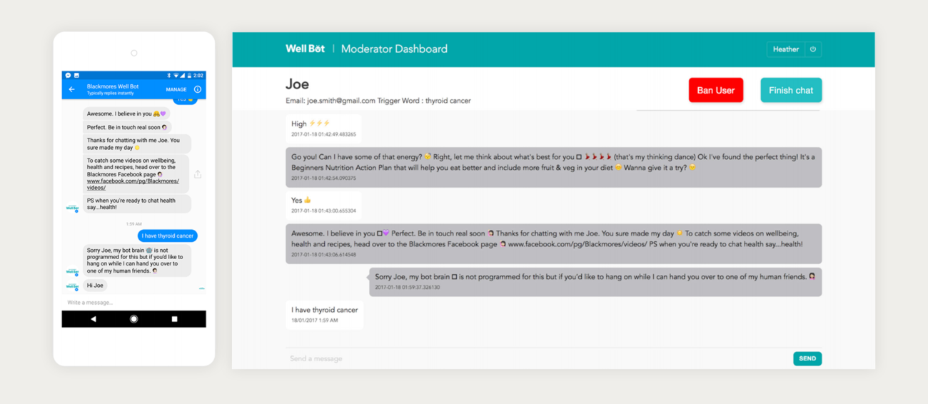 Mock ups on phone and desktop screens show user and moderator views of the Blackmores Well Bot moderation platform created by digital marketing agency.