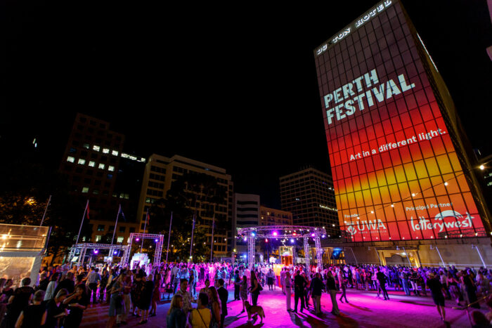 Perth Festival branding by For The People on large building screens.