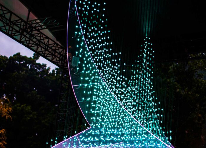 Cathay Pacific brushwing logo made from LED lights as part of interactive artwork Taking Flight.