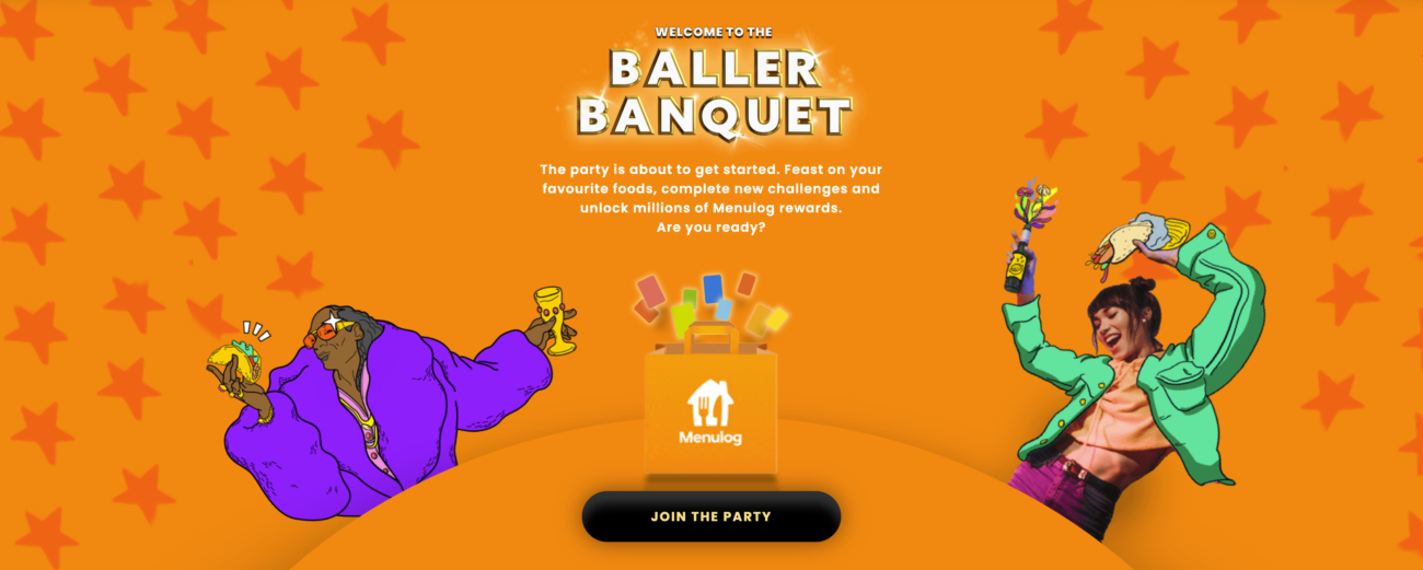 Screenshot of the opening page of the Menulog Baller Banquet gamified loyalty program shows instructions and example illustrations.