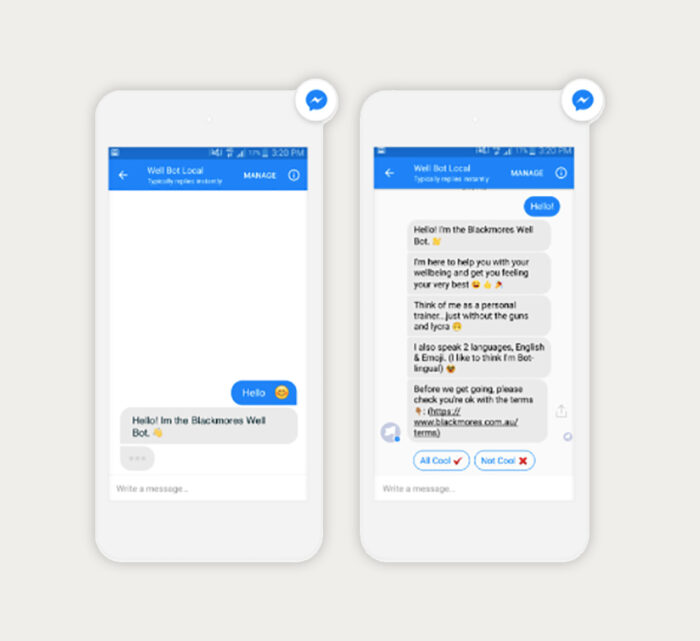 Mock up shows conversation in Facebook Messenger between Blackmores Well Bot user and machine learning AI chatbot.