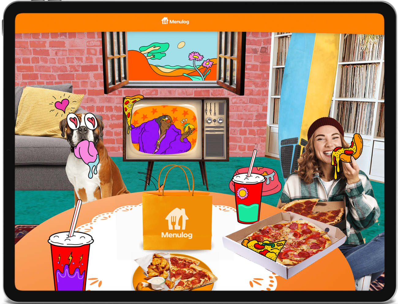 Screenshot of the first scene of the Menulog Baller Banquet shows a casual pizza party created by digital marketing agency in WebGL.