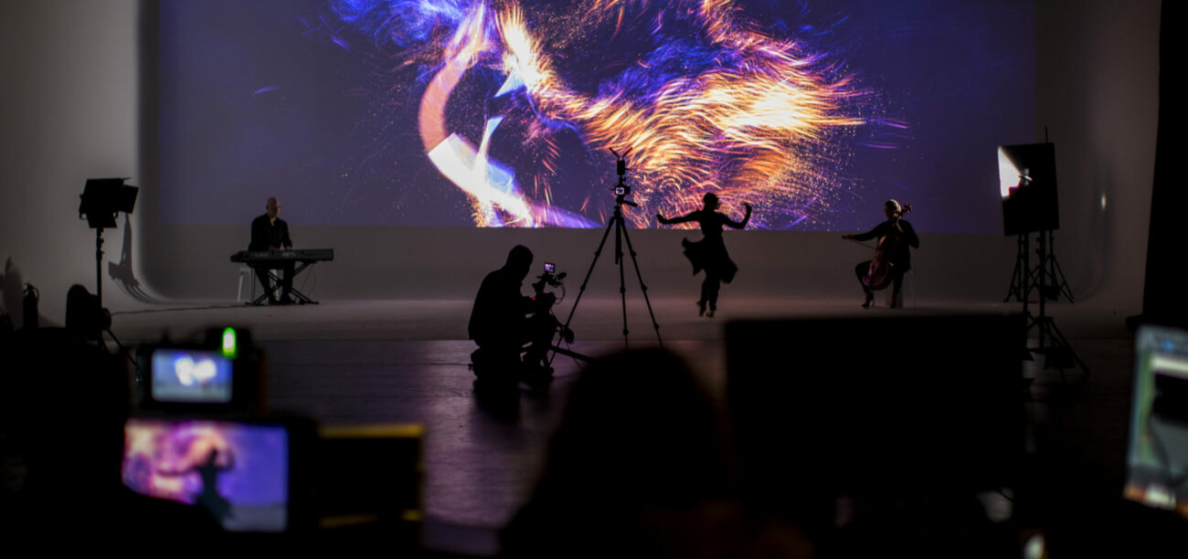 Practice session of the creative technology agency S1T2’s Adobe Remix sees real-time data from a dancer’s movements translated into a digital data visualisation.