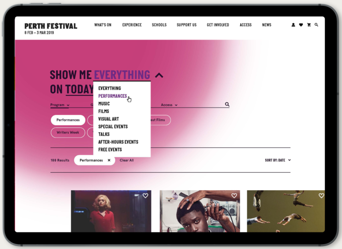 Screenshot of intelligent search in Perth Festival website development on tablet device.