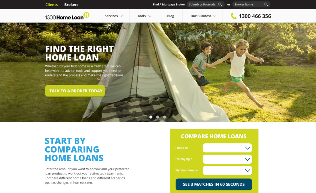 Screenshot of homepage from 1300HomeLoan website web development.