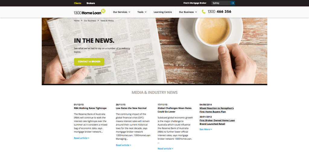 Redesigned News and Media page on 1300HomeLoan website.