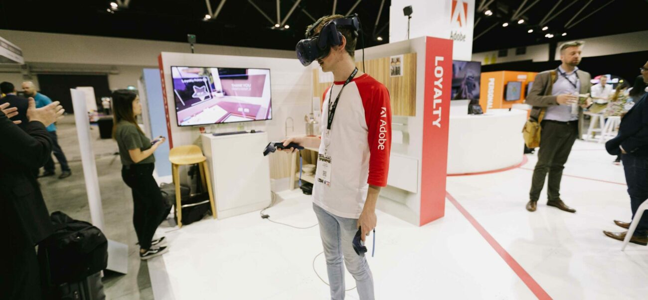 Man in a virtual reality headset tries the Future of Retail experience at the Adobe MAKE IT Conference in Sydney.