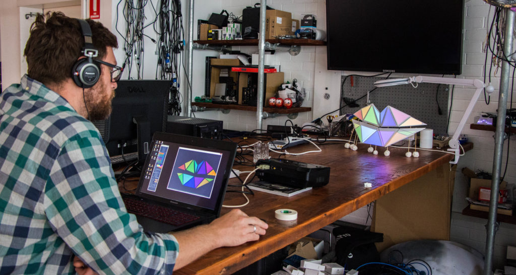 Creative technologist Laszlo Kiss works behind the scenes to design digital mandalas for interactive artwork Lips at Fables From The Threshold.