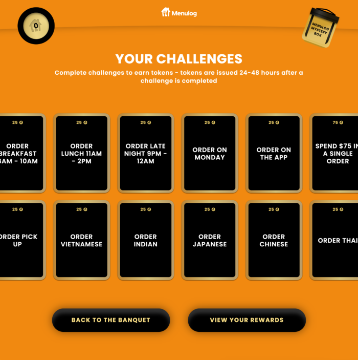 Screenshot shows a collection of gamification challenge cards created for Menulog Baller Banquet digital marketing campaign.