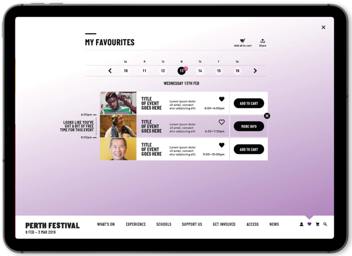 Screenshot of Perth Festival website’s My Favourites functionality from digital agency.