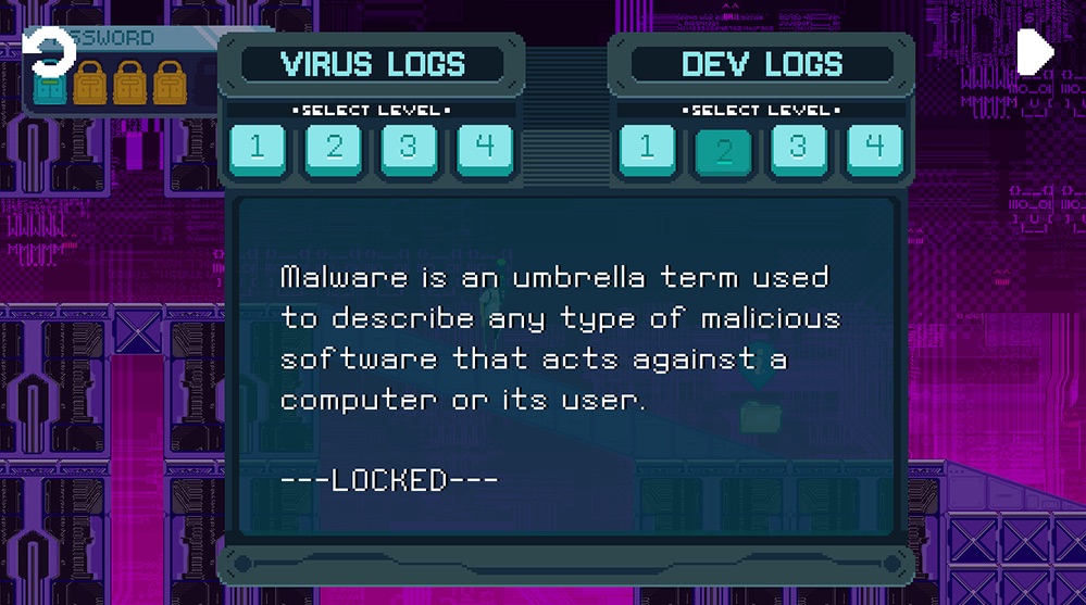 Screenshot of a ‘virus log’ helping educate players about malware in A.L.I.C.E. cyber security.