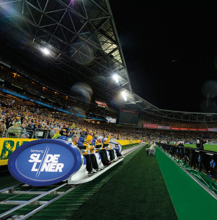 Samsung SlideLiner digital marketing experience debuts during rugby game in Sydney stadium.