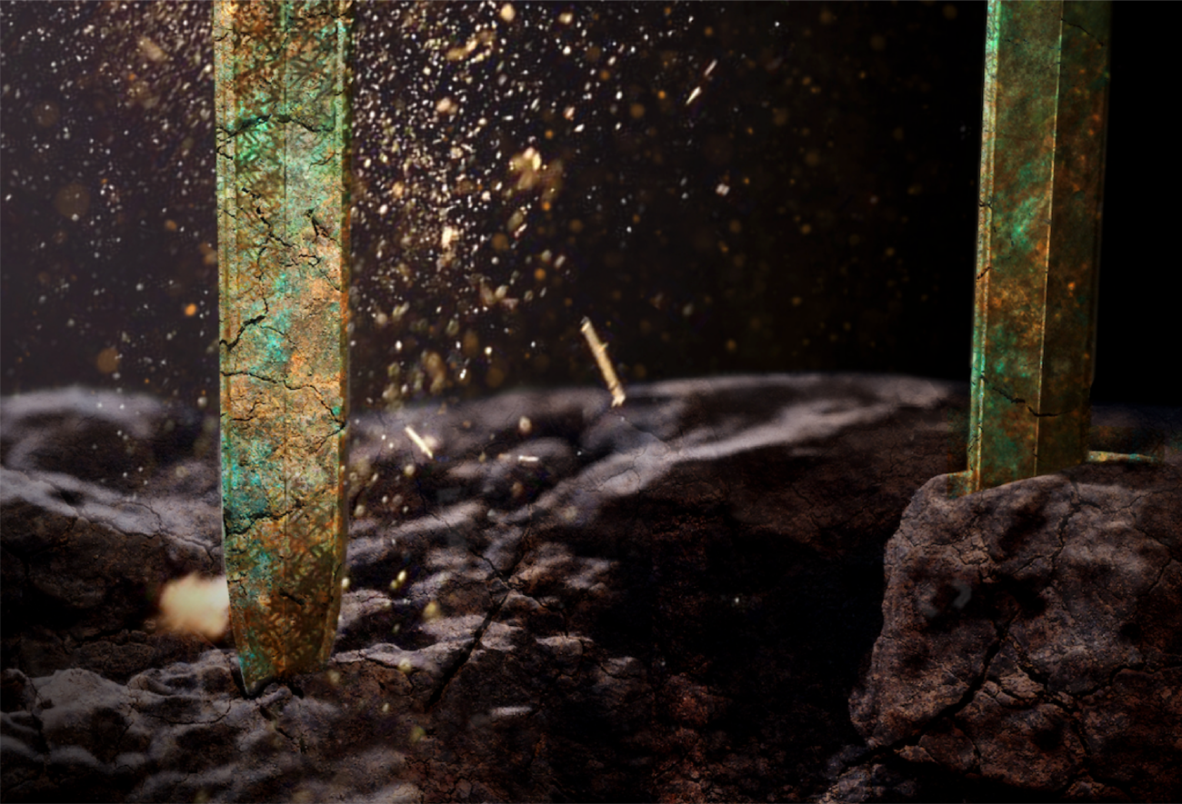 Art direction shows real-time rendered swords made using jade and bronze texture materiality.