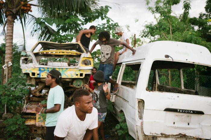 Group of young unemployed men in the Solomon Islands during filming for virtual reality documentary.