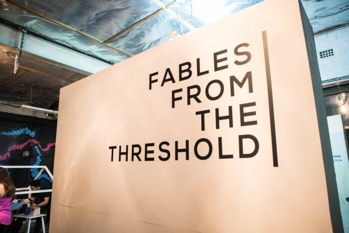 Signage for interactive exhibition Fables From The Threshold at The Mechanic in Redfern, Sydney.