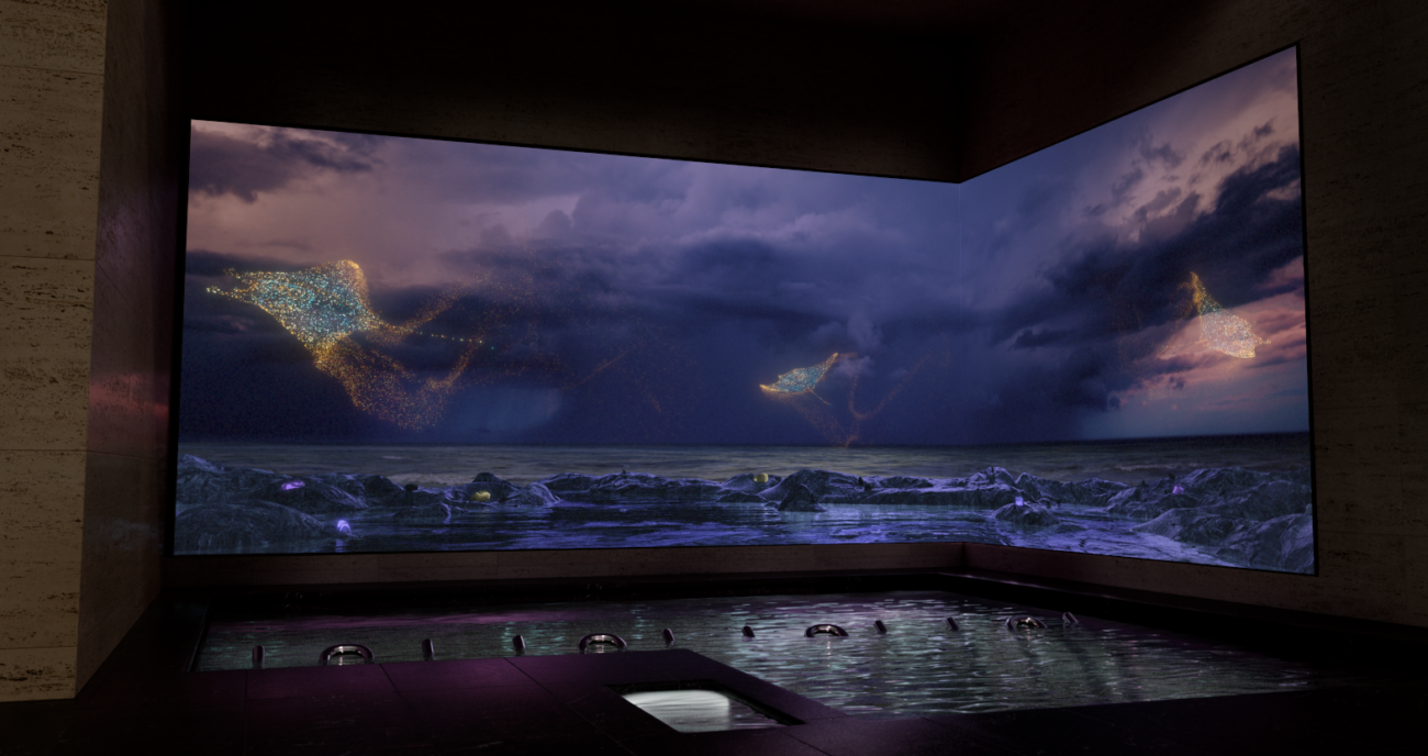 Early mock up visual for the ‘wonder’ storm developed by S1T2 for MGM Macau Experience Pool.