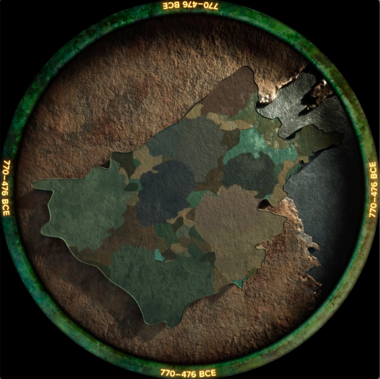 WIP art direction for top-down projection showing map made of bronze and jade textures for Terracotta Warriors immersive exhibition.