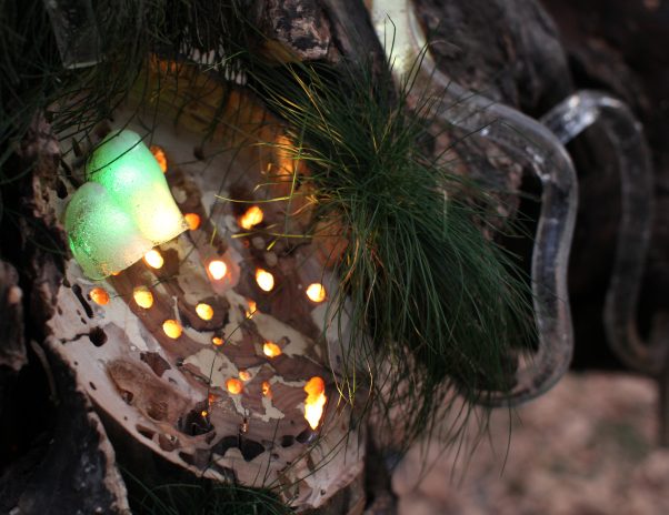 Close up of hidden reflective pulse oximeters and infrared lamps as part of interactive artwork Adobe Heart Tree.