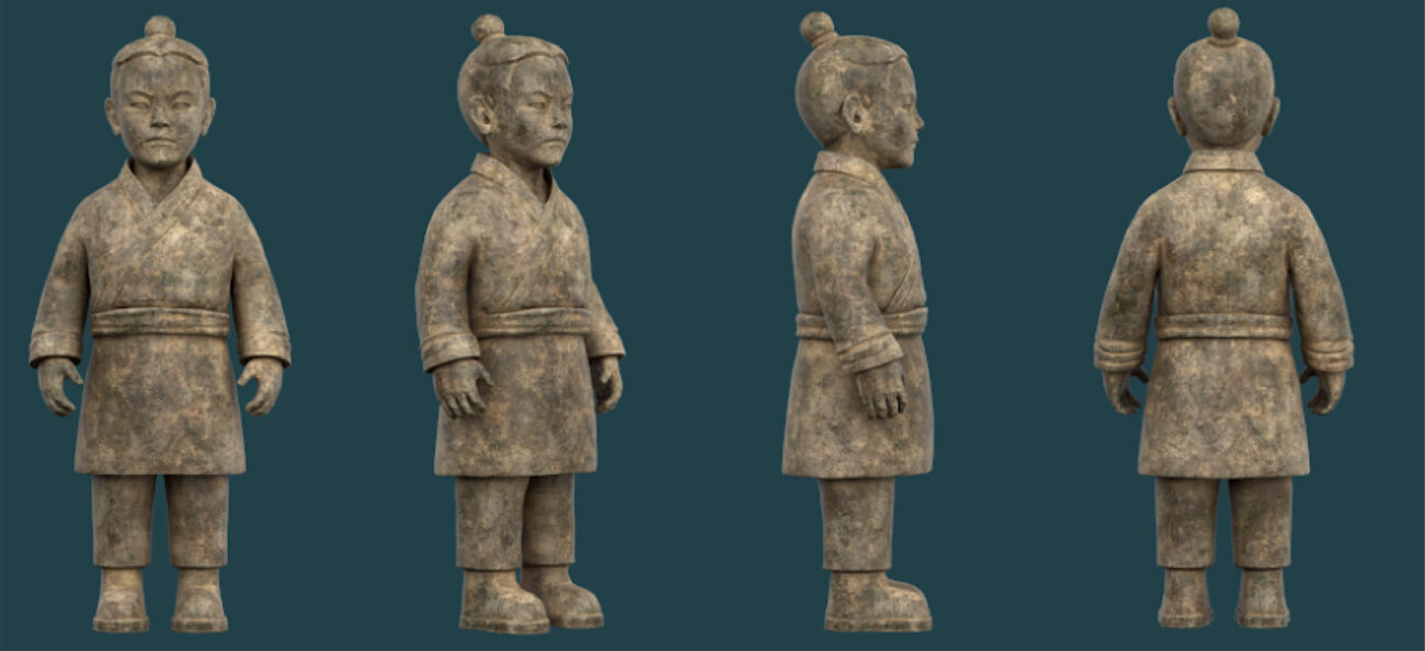 Real-time rendered art model of child terracotta warrior character sheet from various angles.