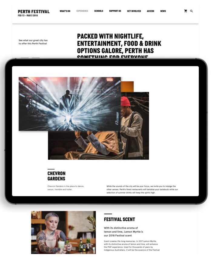 Screenshot of Perth Festival responsive website development on tablet.