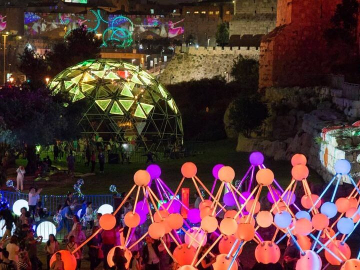 Colourful interactive installation Alzheimer’s Affinity shown at the Jerusalem Light Festival in Israel.