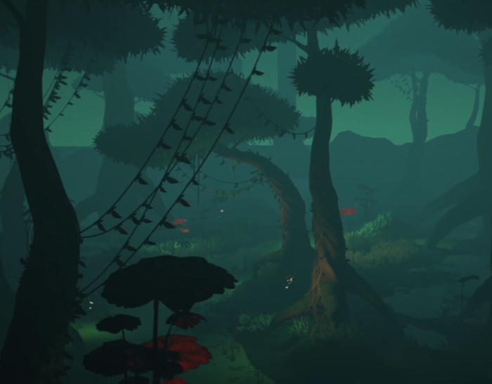 Screenshot from virtual reality experience Kept VR shows immersive forest river environment rendered in real-time.