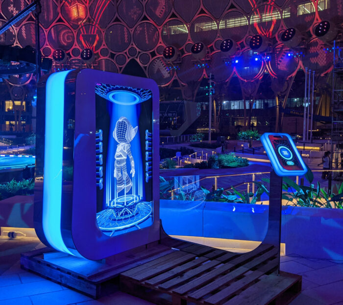 Interaction pod and tablet device for ‘Become a Guardian of Al Wasl’ set up during bump in at the Dubai World Expo.