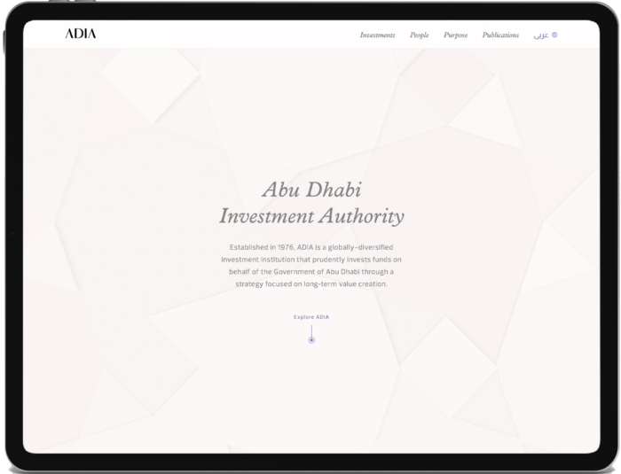 Homepage for the Abu Dhabi Investment Authority website shown in a tablet device.