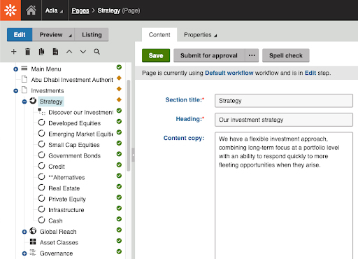 Screenshot of Kentico CMS used for Abu Dhabi Investment Authority website deployment.