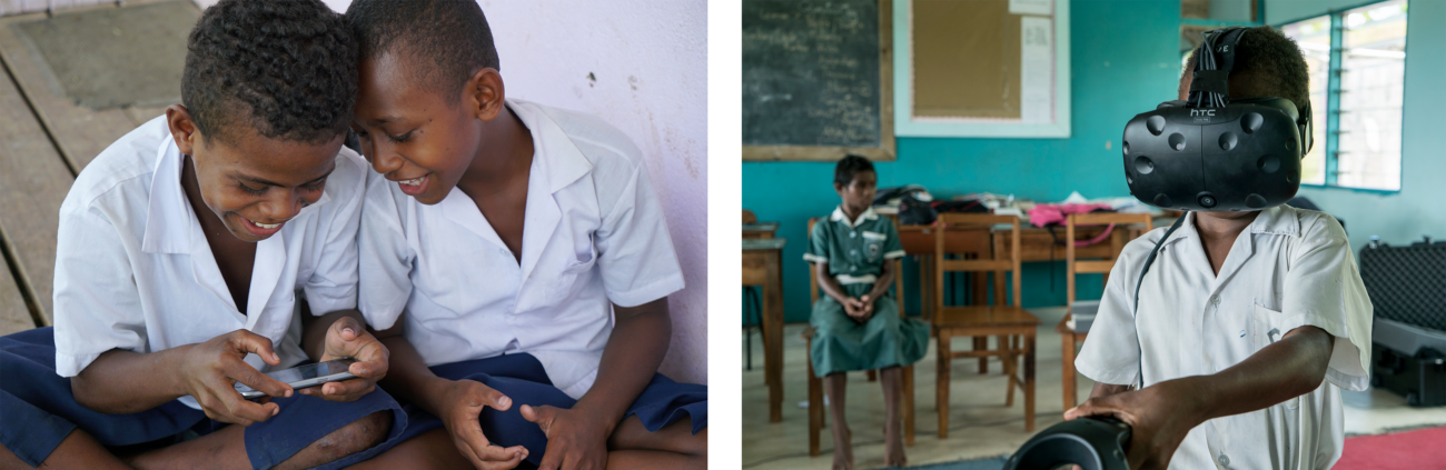 Children in Fijian schools play the Beyond the Stars VR and mobile games.