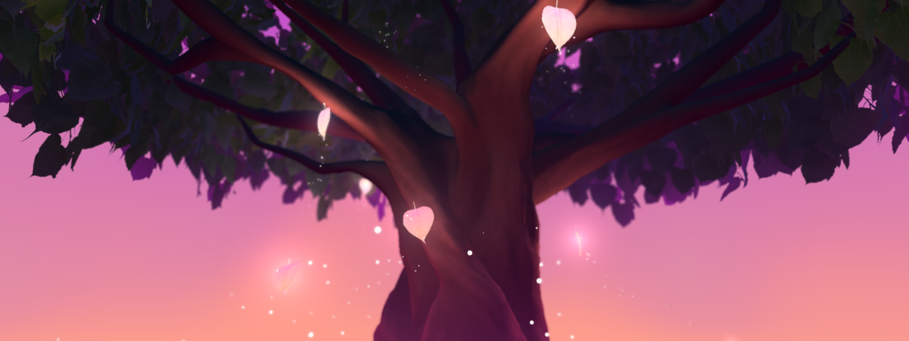 Screenshot of glowing leaves floating up into a huge Bodhi tree against a pink sunset created by S1T2 for the Virtual Wishing Tree at Buddha's Day Multicultural Festival.