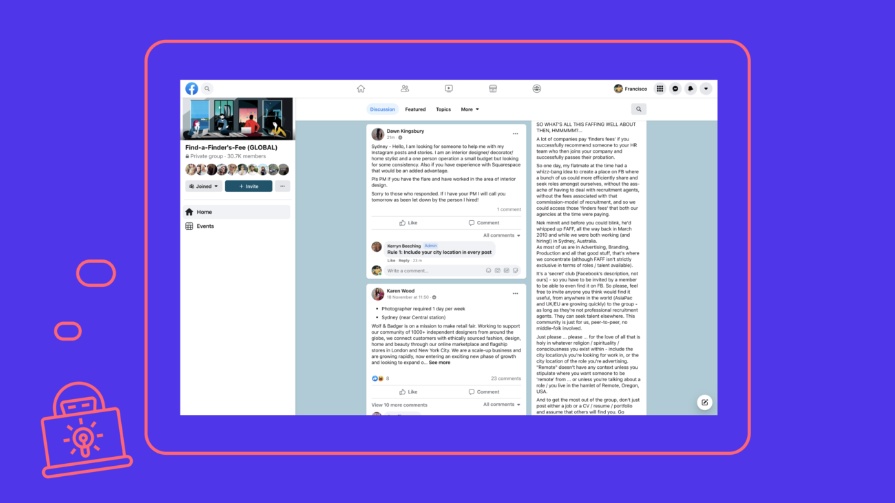 Screenshot of Facebook group for freelancers