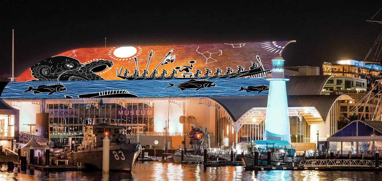 S1T2 creative collaboration with artist Brian Robinson on Maritime Museum rooftop for Vivid Sydney.