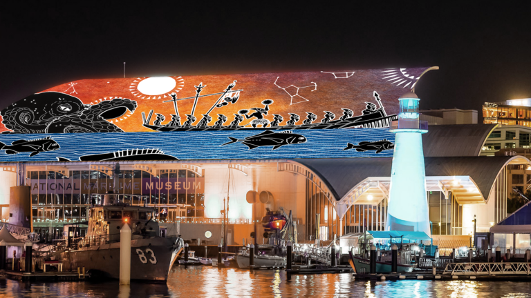 S1T2 creative collaboration with artist Brian Robinson on Maritime Museum rooftop for Vivid Sydney.