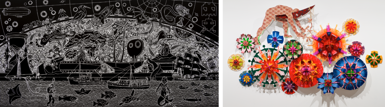 Two of Brian Robinson’s iconic art styles - monochrome detailed lino prints, and sculptural patterned florals.