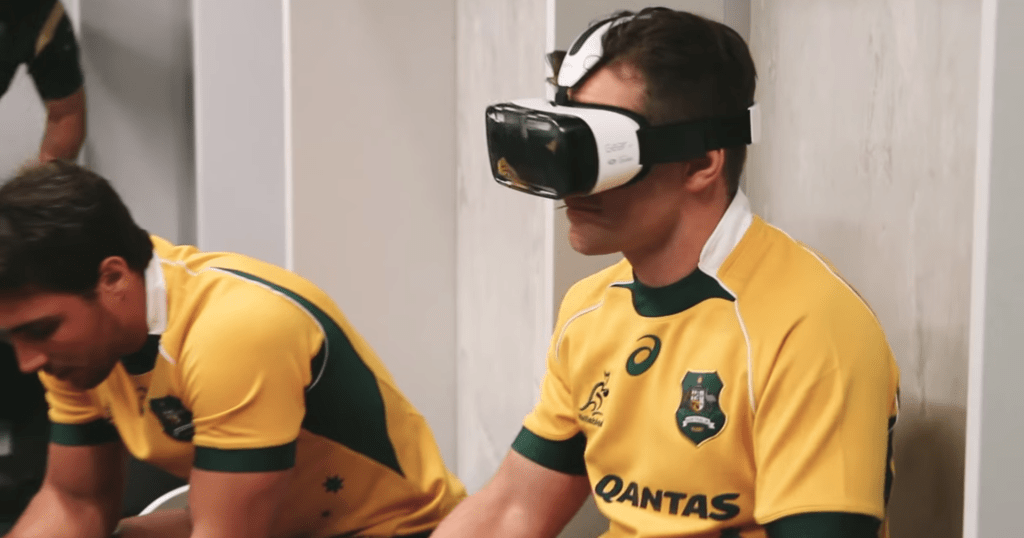 HSBC Wallabies players wearing Virtual Reality headsets.