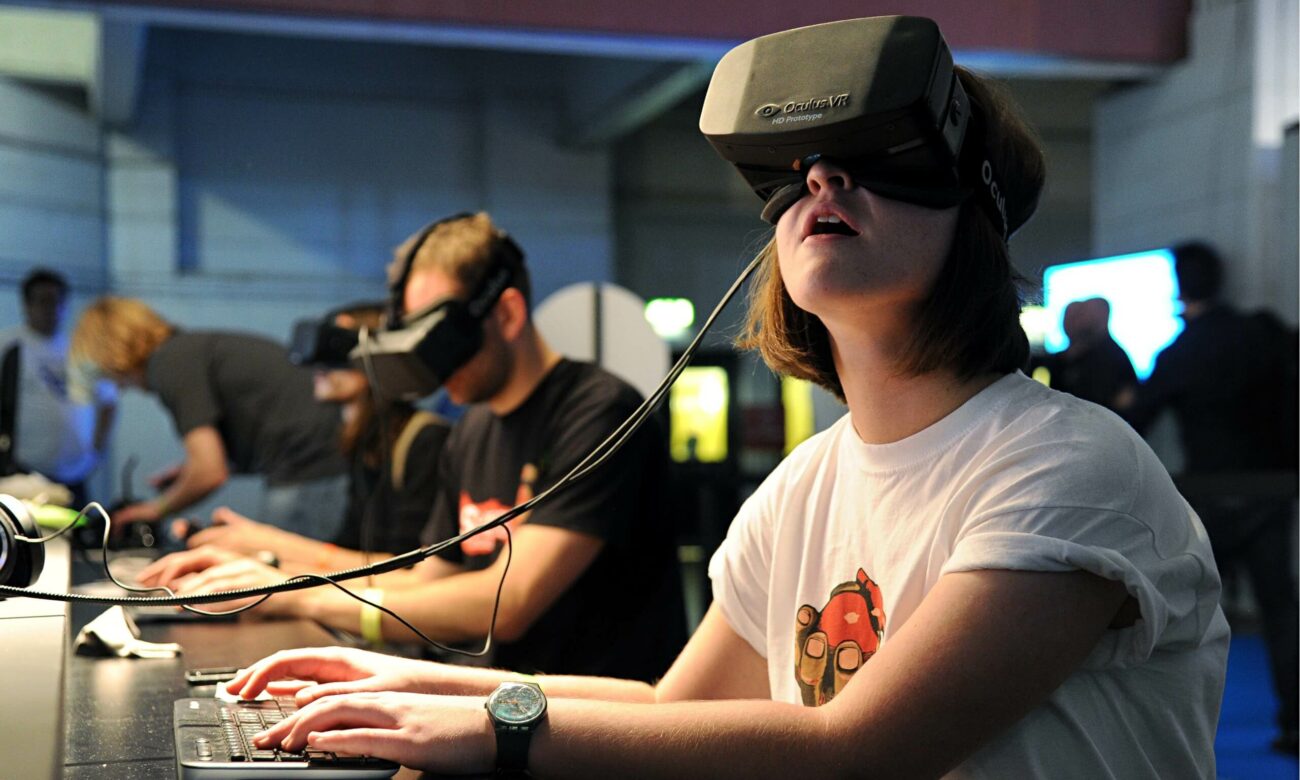 Girl experiencing Virtual Reality headset.