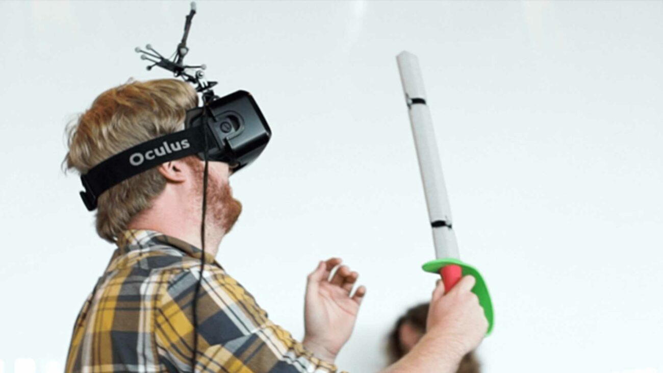 User exploring virtual reality world with a sword.