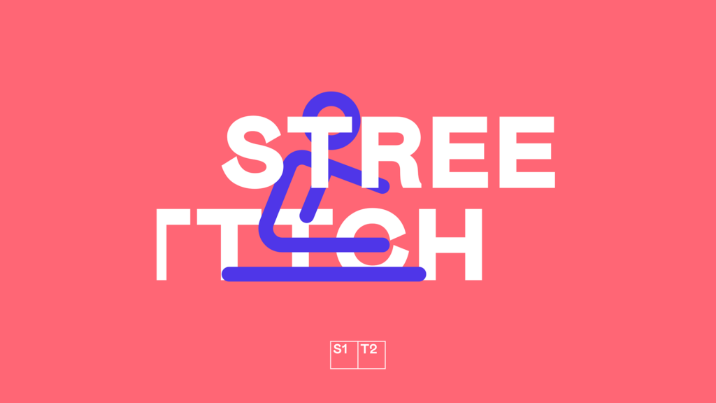 Purple icon of person stretching on pink background with “Streetttch” text