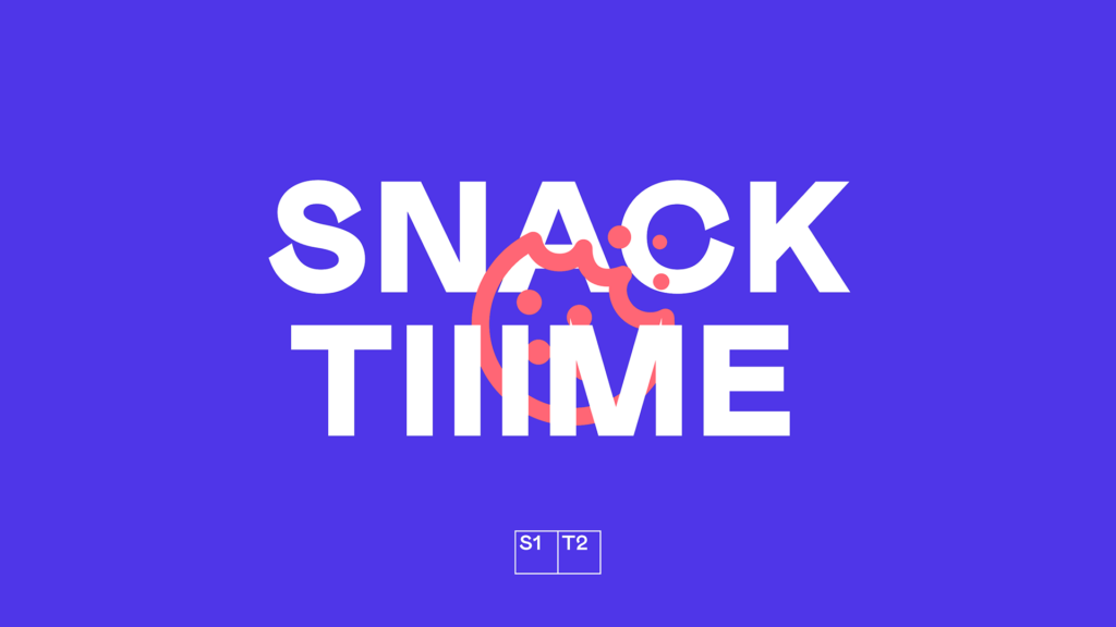 Pink half-eaten cookie icon on purple background with “Snack Tiiime” text