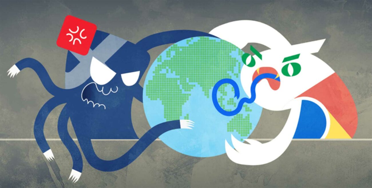 Creative animation of Facebook and Google Monsters fighting.