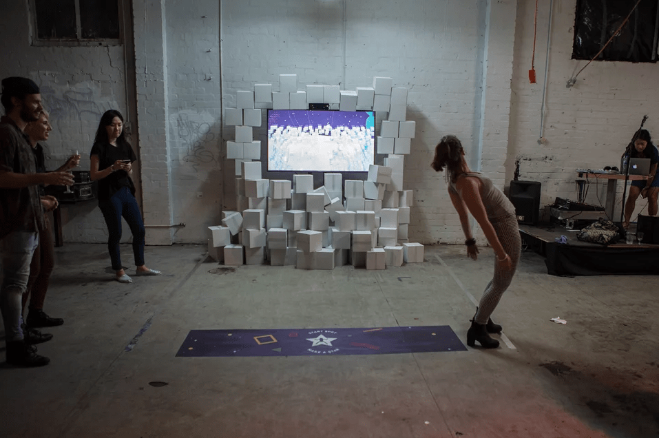 User playing Interactive Human Tetris Game.