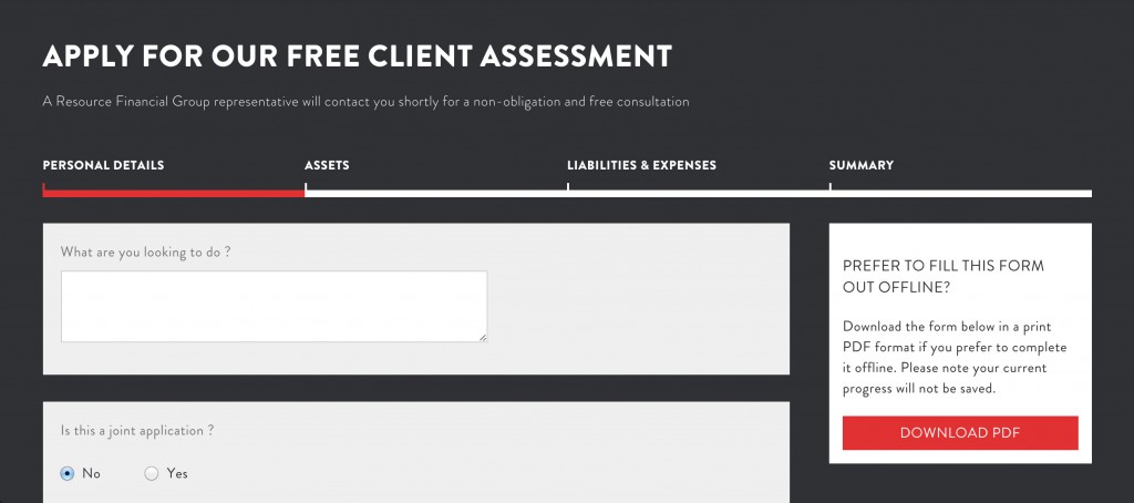 Material Design - Client Assessment Form on ResFinance website.