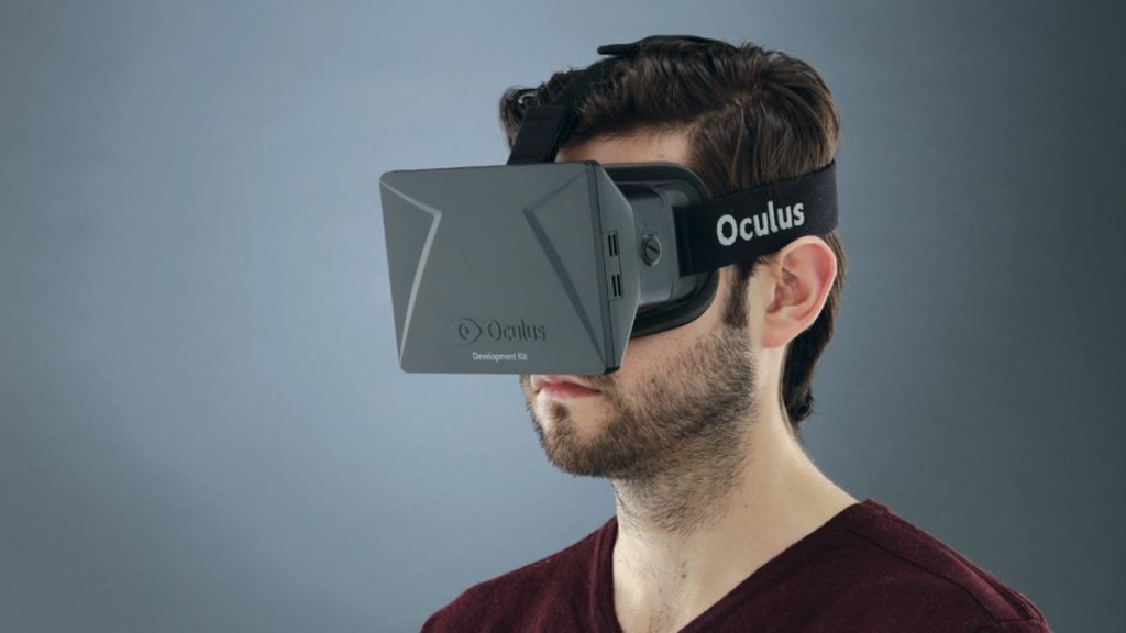 Person wearing Oculus Rift Development Kit.