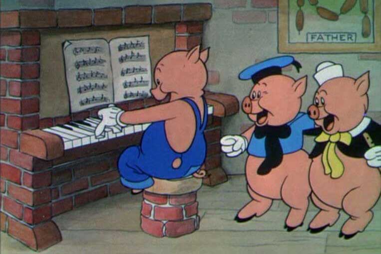 3 little pigs playing piano cartoon.